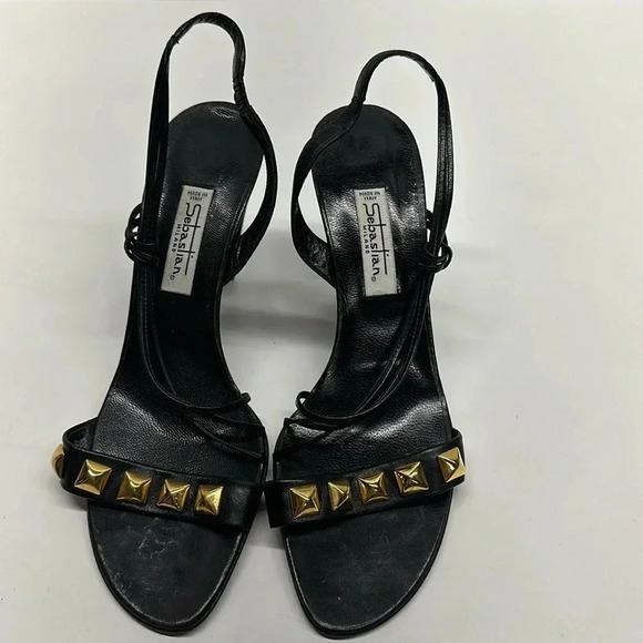 Sebastian Milano High Heels Open Toe Leather Ankle Strap Gold Studded Black 38.5 - Picture 2 of 12